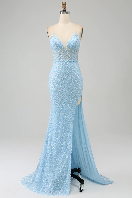 AerbaDress Glitter Sky Blue Spaghetti Straps Mermaid Prom Dress with Slit