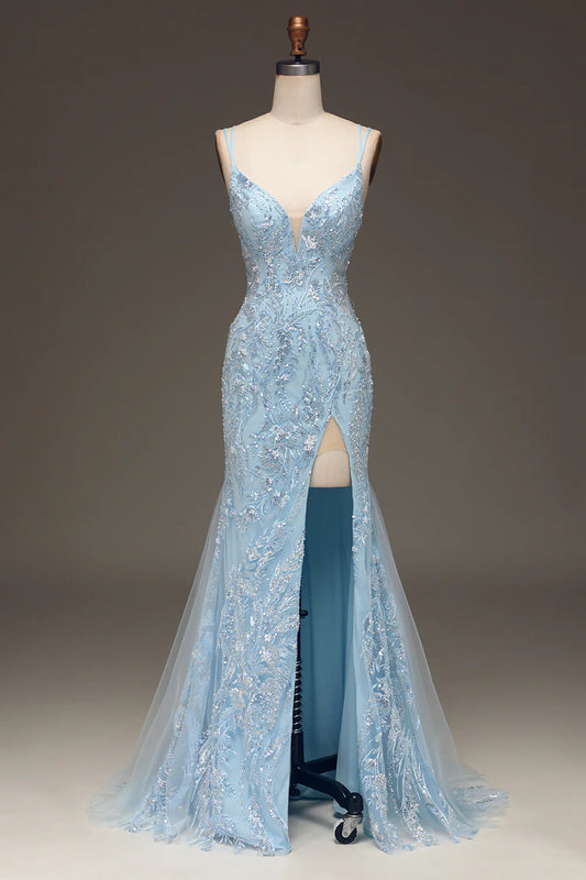 AerbaDress Blue Tulle Mermaid Prom Dress with Beaded