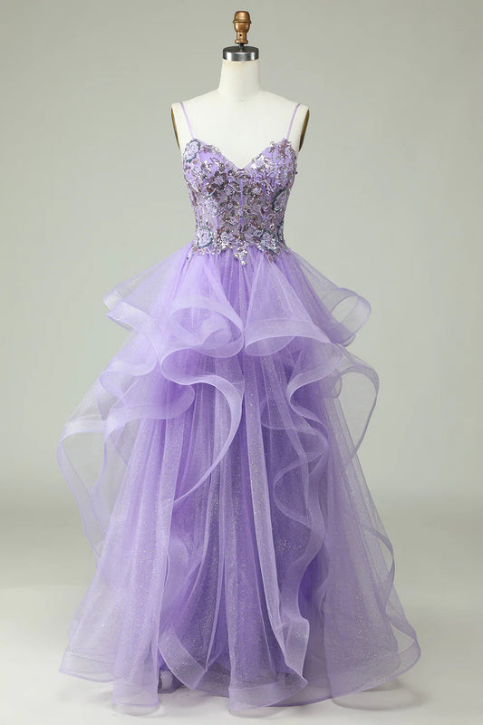 AerbaDress A Line Spaghetti Straps Purple Long Prom Dress with Appliques