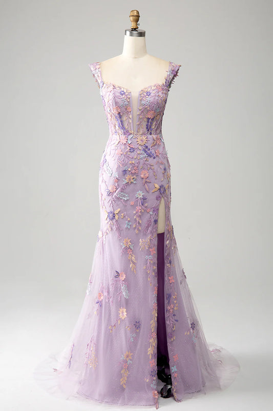 AerbaDress Light Purple Off The Shoulder Long Embroidered Mermaid Prom Dress Slit