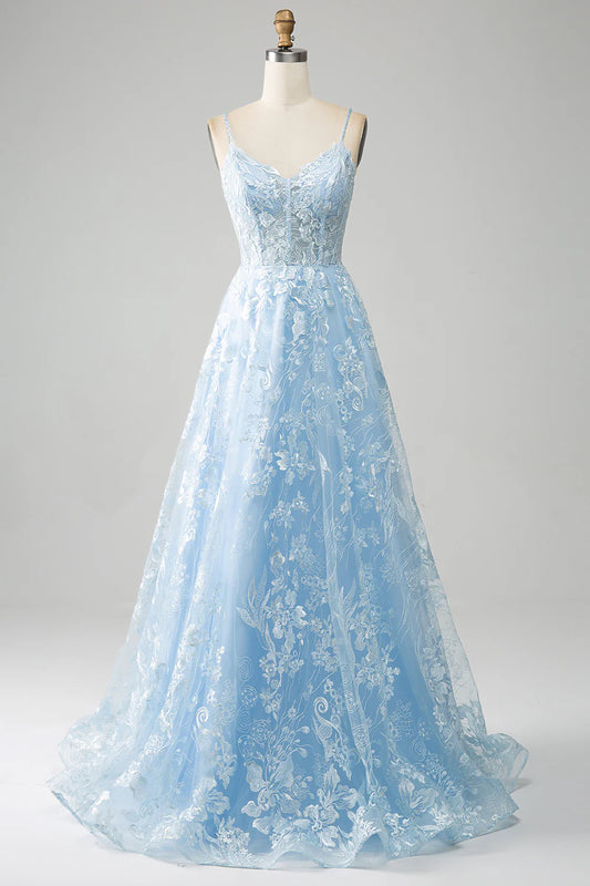 AerbaDress Sky Blue A-Line Spaghetti Straps Lace Long Corset Prom Dress