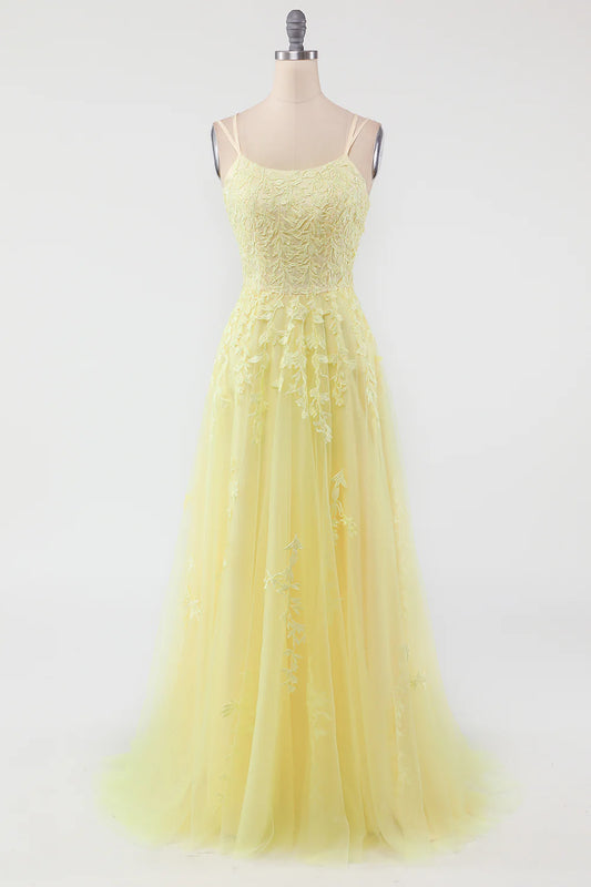 AerbaDress Yellow Spaghetti Straps Prom Dress