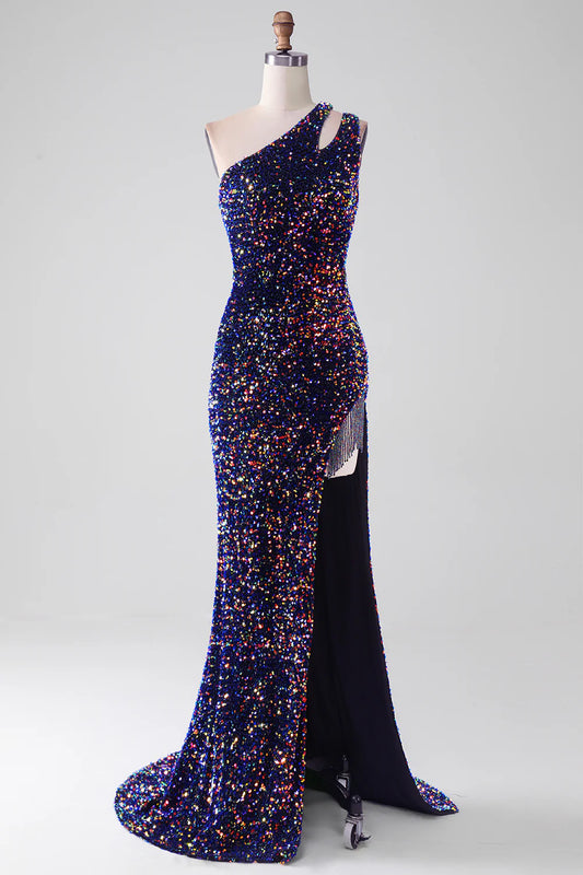 AerbaDress Black Mermaid One Shoulder Sequins Long Prom Dress with Slit