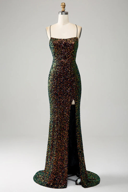AerbaDress Glitter Black Spaghetti Straps Sequins Mermaid Prom Dress with Slit