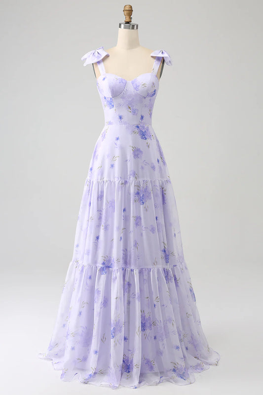 AerbaDress Lilac Corset Floral A-Line Long Prom Dress
