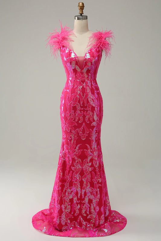 AerbaDress Mermaid Deep V Neck Fuchsia Sequins Long Prom Dress with Feathers