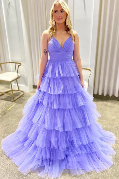 AerbaDress Fashion Lilac Evening Dress V Neck Ruffle Tiered Long Prom Dresses