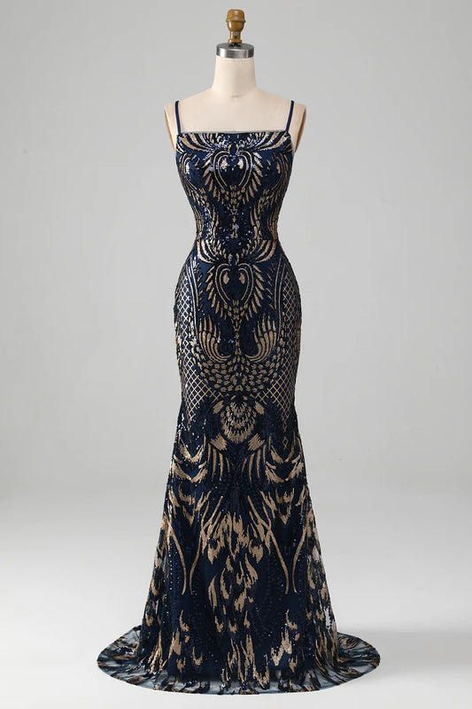 AerbaDress Sparkly Navy Spaghetti Straps Mermaid Prom Dress