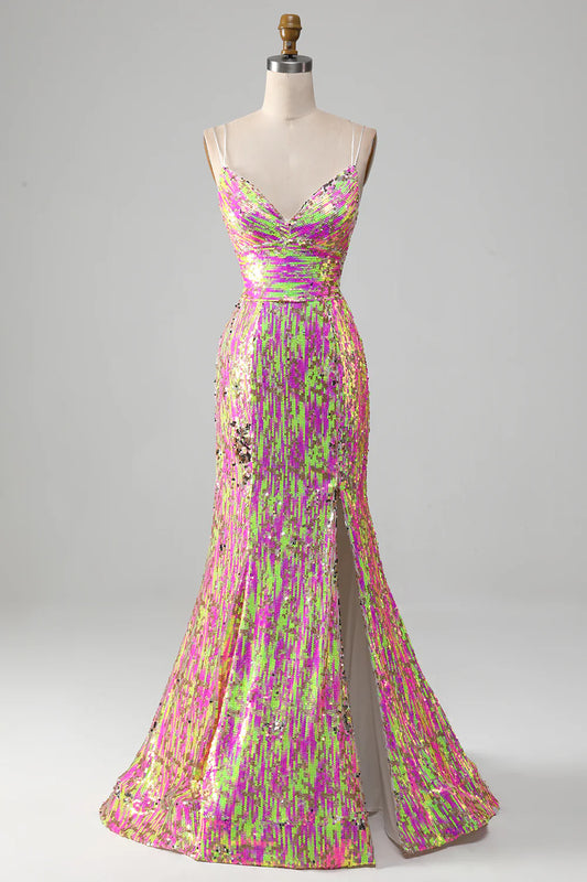AerbaDress Hot Pink Sparkly Mermaid Prom Dress with Slit