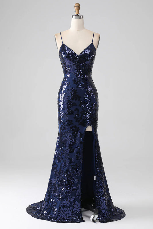AerbaDress Shimmering Sequin Mermaid Spaghetti Strap Prom Dress with Slit