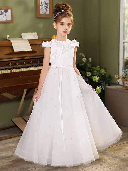 AERBA DRESS Wedding Flower Girl Dress Little Princess Tulle Bridesmaid party Dresses Pearl-decorated Kids Birthday Dress