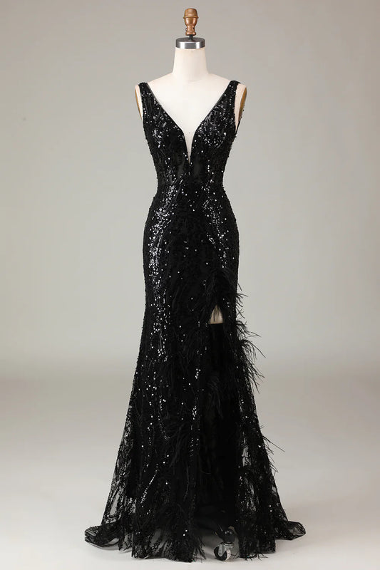 AerbaDress Black Sparkly Depp V-neck Mermaid Prom Dress with Feathers