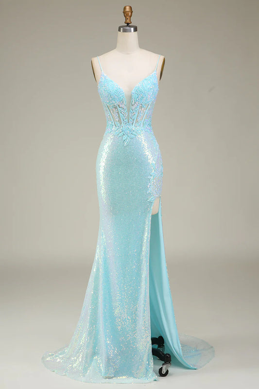AerbaDress Light Blue Sparkly Mermaid Sequin Prom Dress with Slit