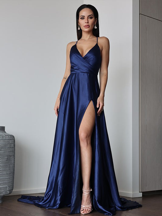 A-Line/Princess Silk Like Satin Ruched V-neck Sleeveless Sweep/Brush Train Prom Dresses