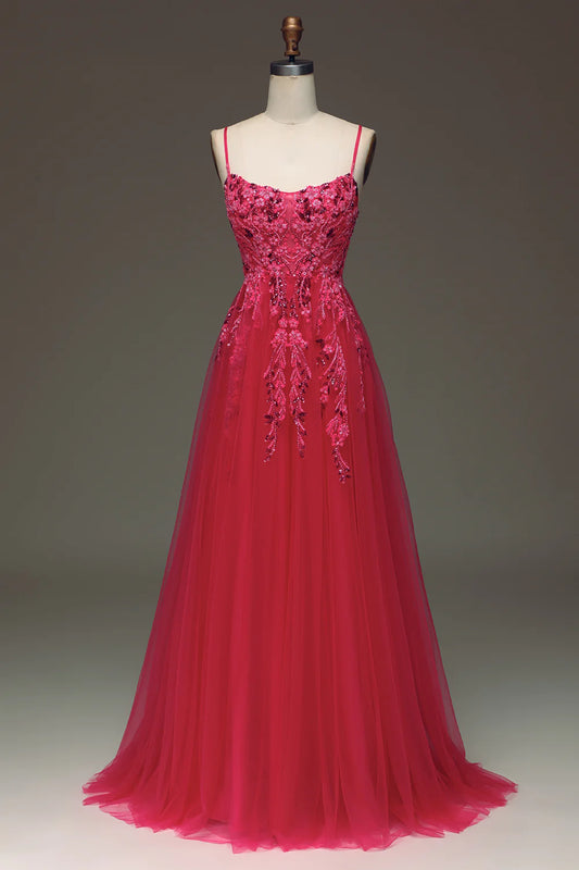 AerbaDress A Line Light Blue Sequin Spaghetti Straps Prom Dress With Appliques