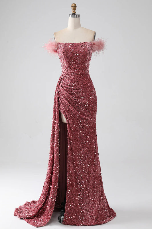 AerbaDress Mermaid Off the Shoulder Blush Sequins Prom Dress with Slit