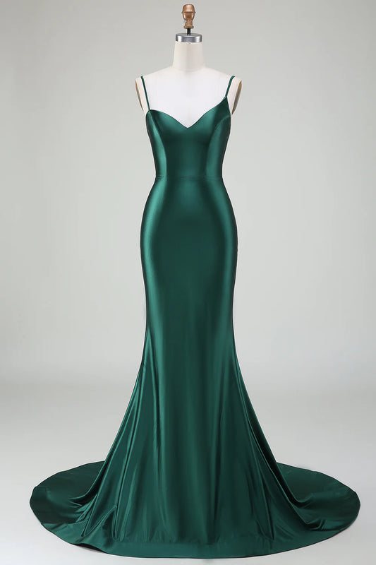 AerbaDress Dark Green Mermaid Spaghetti Straps Sweep Train Prom Dress