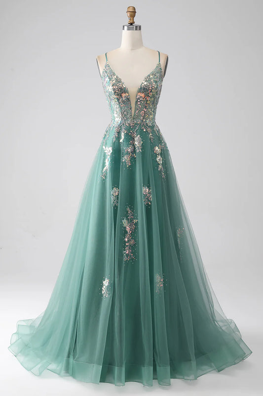AerbaDress Green A-Line Spaghetti Straps Long Prom Dress With Sparkly Sequin Appliques