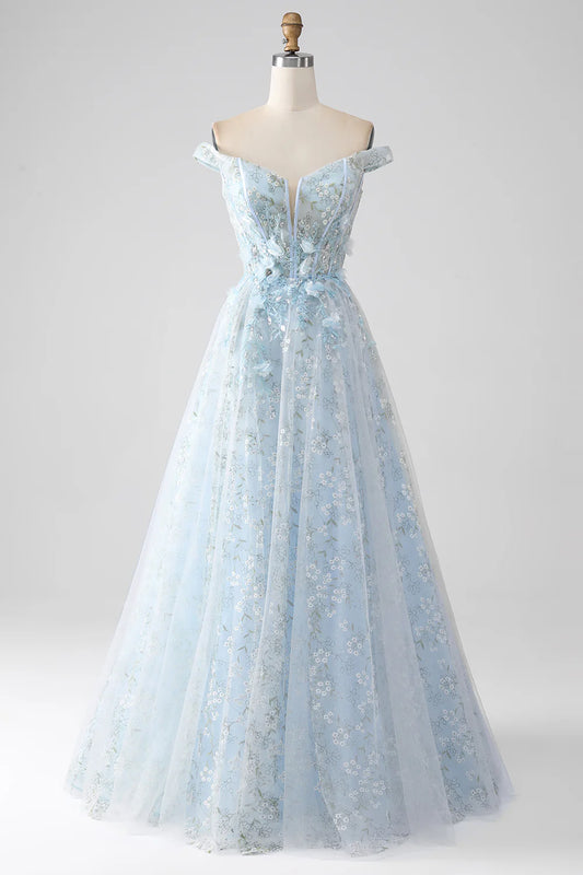 AerbaDress Light Blue A-Line Off the Shoulder Long Corset Prom Dress