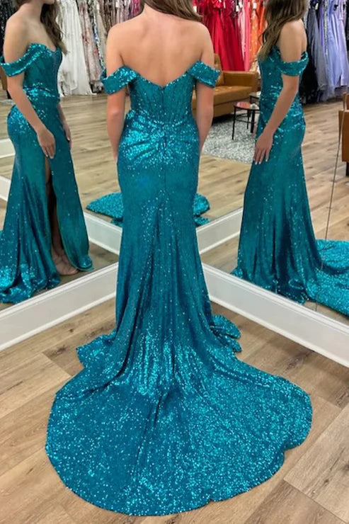 AerbaDress Fashion Sparkly Evening Dress Turquiose Corset Long Sequins Prom Dress
