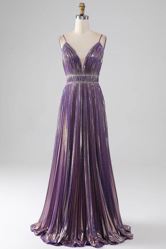 AerbaDress Glitter Purple A-Line Spaghetti Straps Pleated Prom Dress