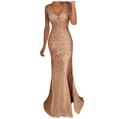 AerbaDress Sequin Dress for Sexy Long Gold Party Dress Evening Gown Bridesmaid Sequin Prom V Neck Dresses for Women