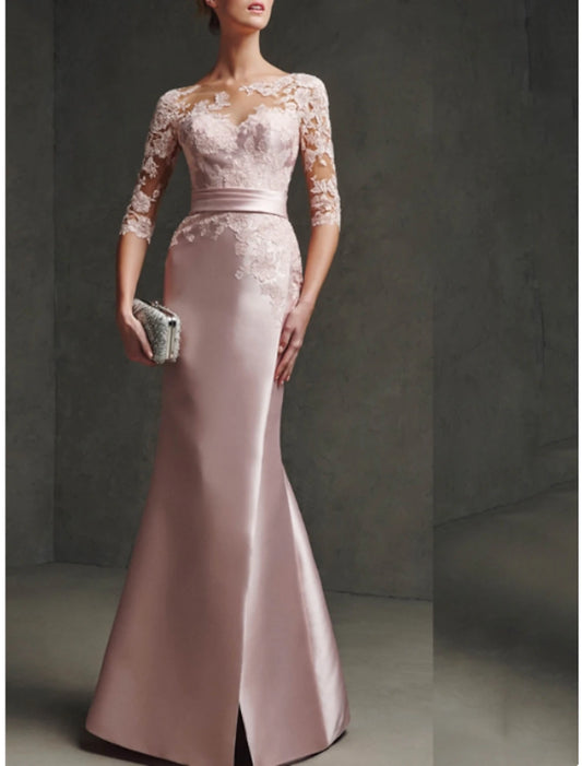 Mermaid / Trumpet Mother of the Bride Dress Formal Party Elegant Scoop Neck Floor Length Satin Lace 3/4 Length Sleeve with Pleats