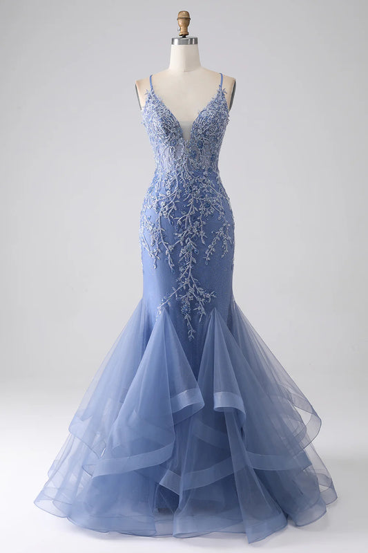 AerbaDress Grey Blue Mermaid Spaghetti Strap Beaded Backless Prom Dress With Appliques