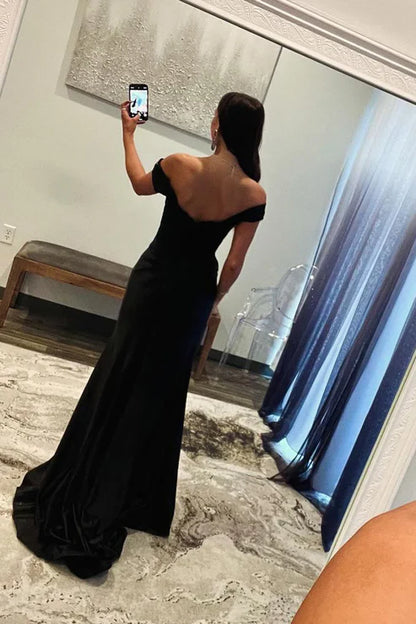 AerbaDress Black Off the Shoulder Evening Dress Satin Mermaid Long Prom Dresses