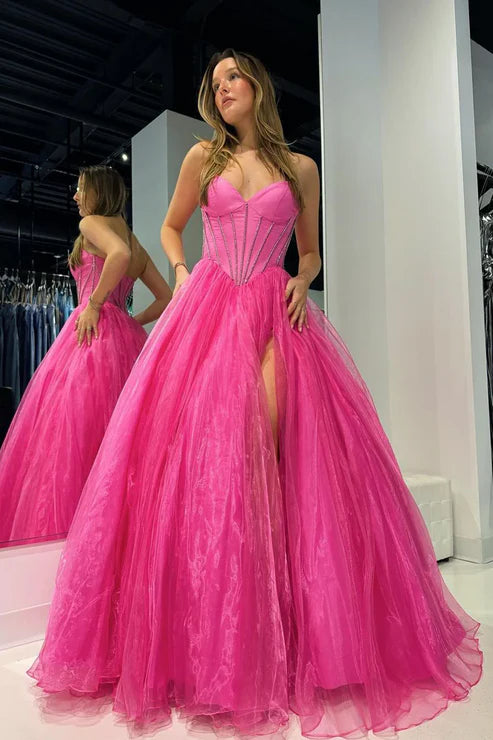 AerbaDress Pink Evening Dress Strapless Organza A-Line Long Prom Dresses