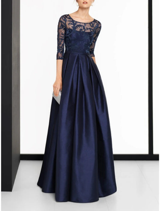 A-Line Mother of the Bride Dress Wedding Guest Vintage Elegant Jewel Neck Floor Length Satin Lace 3/4 Length Sleeve with Pleats