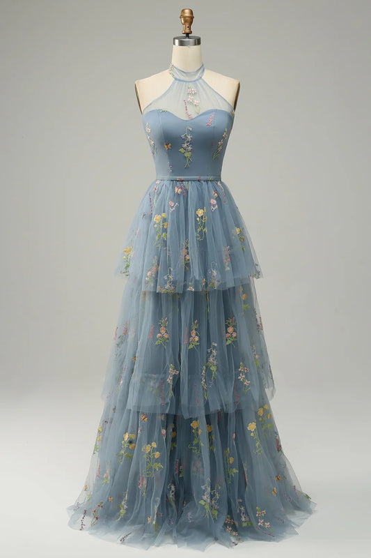 AerbaDress Halter A Line Tulle Prom Dress with Embroidery