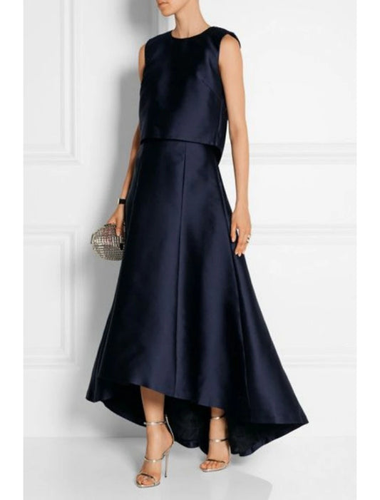 Two Piece Sheath / Column Mother of the Bride Dress Wedding Guest Simple Elegant High Low Jewel Neck Asymmetrical Taffeta Sleeveless with Pleats