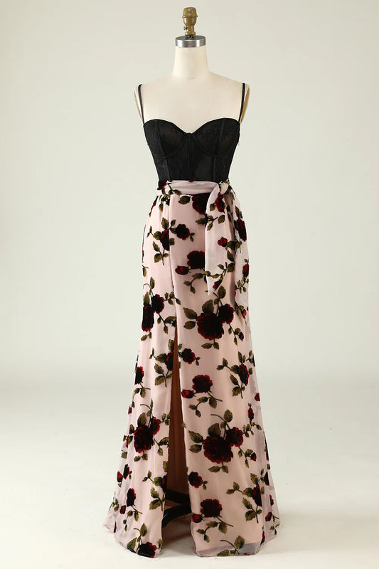 AerbaDress Floral Spaghetti Straps Prom Dress with Slit