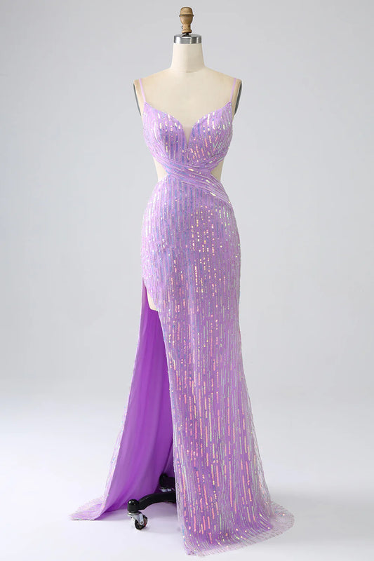 AerbaDress Sparkly Mermaid Spaghetti Straps Sequins Prom Dress with Slit