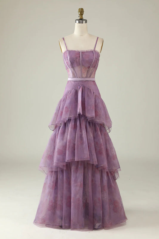 AerbaDress Purple Printed A Line Corset Prom Dress