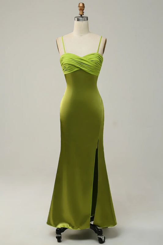 AerbaDress Sheath Spaghetti Straps Lemon Green Bridesmaid Dress with Silt