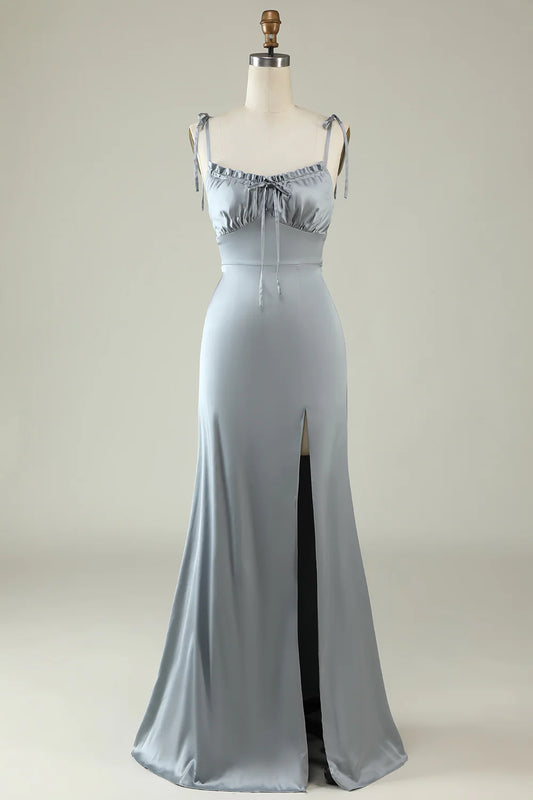 AerbaDress Spaghetti Straps Satin Grey Bridesmaid Dress with Slit