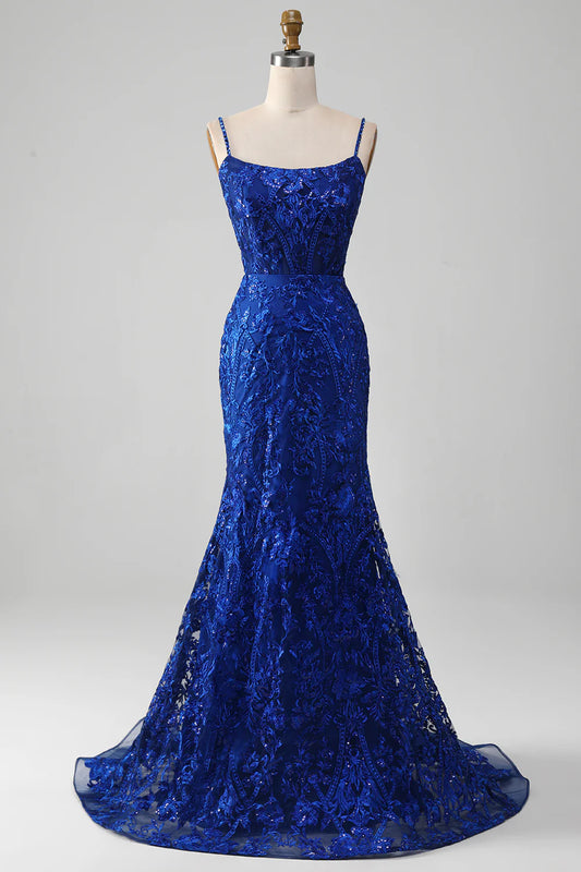 AerbaDress Sparkly Royal Blue Mermaid Spaghetti Straps Long Prom Dress With Appliques
