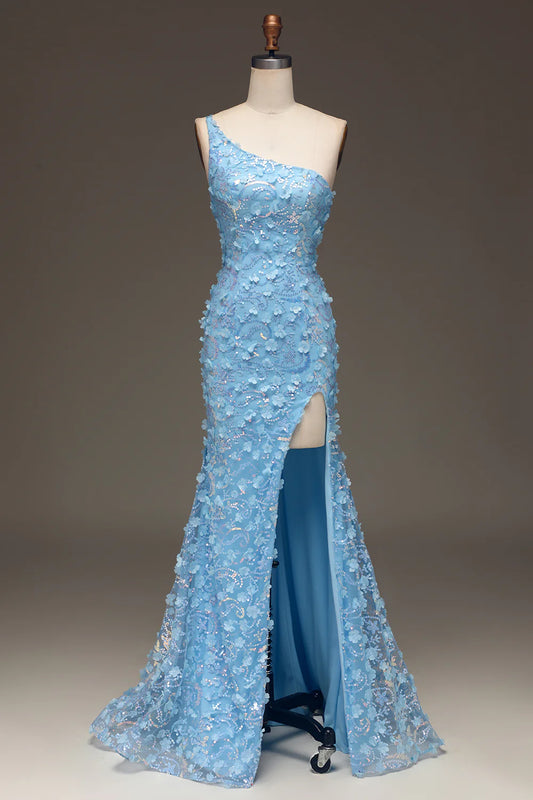 AerbaDress Light Blue Mermaid One Shoulder Side Slit Sequin Prom Dress with Appliques