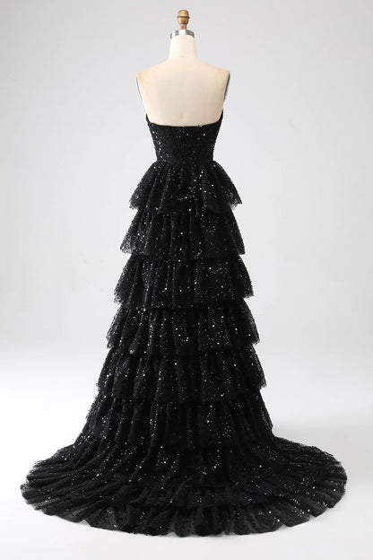 AerbaDress  A-Line Sequins Black Tiered Prom Dress with Slit