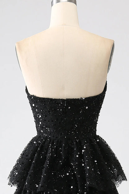AerbaDress  A-Line Sequins Black Tiered Prom Dress with Slit