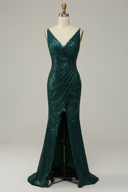 AerbaDress Dark Green Sequined Spaghetti Straps Prom Dress With Slit