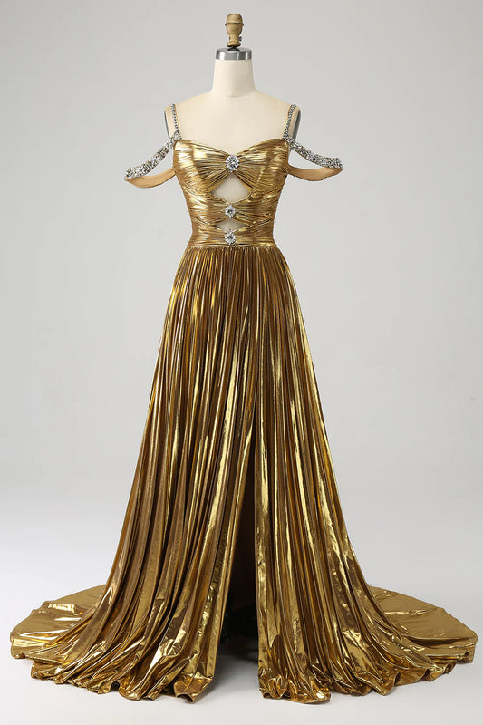 AerbaDress Stunning A Line Off the Shoulder Gold Long Prom Dress with Keyhole