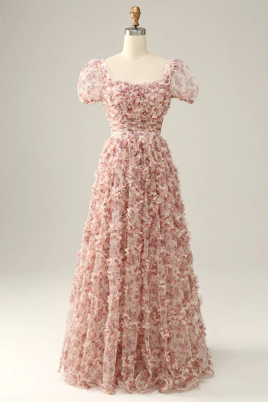 AerbaDress Ivory Red Flower Square Neck Prom Dress