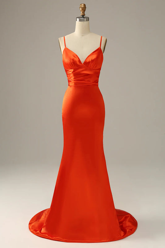 AerbaDress Orange Spaghetti Straps Mermaid Prom Dress
