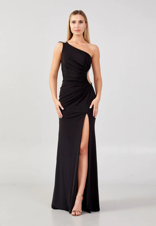 AerbaDress black one shoulder evening dress