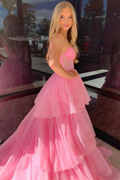 AerbaDress Cute A-Line Evening Dress Pink Tiered Tulle Long Prom Dresses