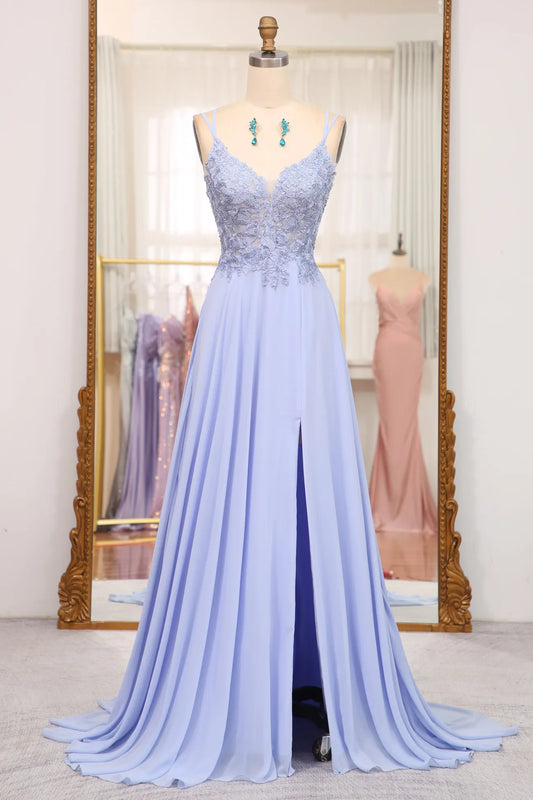AerbaDress Lavender A Line Lace Up Long Prom Dress With Appliques