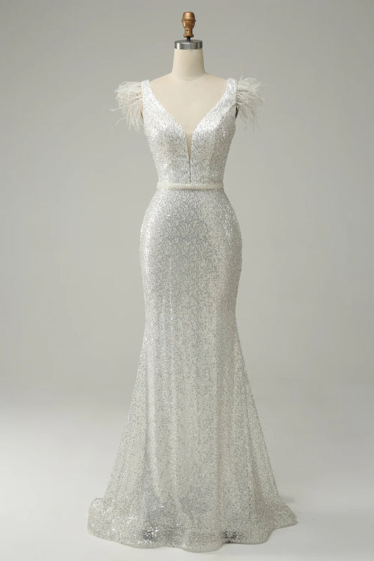 AerbaDress White Sequins V Neck Mermaid Long Prom Dress With Feathers
